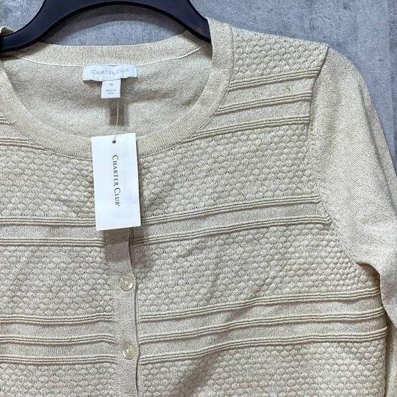 Charter Club Women's Gold Dust Textured Lurex Crewneck Button-Front Cardigan SZM - Picture 3 of 6